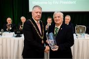 18 August 2018; FAI President Tony Fitzgerald makes a presentation to Cllr. Mick Finn, Lord Mayor of Cork, during the Football Association of Ireland Annual General Meeting at the Rochestown Park Hotel in Cork. Photo by Stephen McCarthy/Sportsfile
