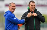 17 August 2018; Leinster senior coach Stuart Lancaster, left, with Newcastle Falcons defence coach John Wells prior to the Bank of Ireland Pre-season Friendly match between Leinster and Newcastle Falcons at Energia Park in Dublin. Photo by Brendan Moran/Sportsfile