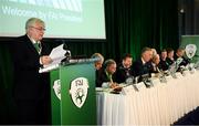 18 August 2018; FAI President Tony Fitzgerald speaking during the Football Association of Ireland Annual General Meeting at the Rochestown Park Hotel in Cork. Photo by Stephen McCarthy/Sportsfile