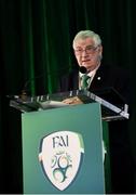 18 August 2018; FAI President Tony Fitzgerald speaking during the Football Association of Ireland Annual General Meeting at the Rochestown Park Hotel in Cork. Photo by Stephen McCarthy/Sportsfile