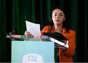 18 August 2018; Karen Campion, FAI Head of Partnerships and Strategy, speaking during the Football Association of Ireland Annual General Meeting at the Rochestown Park Hotel in Cork. Photo by Stephen McCarthy/Sportsfile