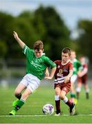 18 August 2018; Mark Cooney of Clonguish, Co Longford in action against Simon Lynskey of Clarinbridge, Co Galway, competing in the Soccer Outdoor U12 Final event during day one of the Aldi Community Games August Festival at the University of Limerick in Limerick. Photo by Harry Murphy/Sportsfile