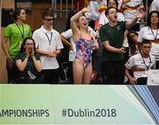 18 August 2018; Irish swimmers from left Ailbhe Kelly, Sean O'Riordan, Ellen Keane and Jonathan McGrath watch team mate James Scully compete in finals of the Men's 100m Freestyle S5 event during day six of the World Para Swimming Allianz European Championships at the Sport Ireland National Aquatic Centre in Blanchardstown, Dublin. Photo by David Fitzgerald/Sportsfile