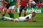 18 August 2018; Marcus Rea of Ulster dives over to score Ulster's opening try during the Pre-Season Friendly match between Ulster and Gloucester at the Kingspan Stadium in Antrim. Photo by John Dickson/Sportsfile