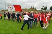 18 August 2018; Tyrone supporters John Mulgrew, left, and Brendan Rafferty from Killeshil, Co Tyrone, celebrate after the 2018 TG4 All-Ireland Ladies Intermediate Football Championship semi-final match between Sligo and Tyrone at Fr. Tierney Park in Donegal. Photo by Oliver McVeigh/Sportsfile