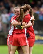 18 August 2018; Siobhan Sheerin, Emma Hegarty and Chloe McCaffrey of Tyrone celebrate after the 2018 TG4 All-Ireland Ladies Intermediate Football Championship semi-final match between Sligo and Tyrone at Fr. Tierney Park in Donegal. Photo by Oliver McVeigh/Sportsfile