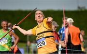 18 August 2018; Pat Moore of Leevale A.C., Co Cork, M70, competing in the Javelin event during the Irish Life Health National Track & Field Masters Championships at Tullamore Harriers Stadium in Offaly. Photo by Piaras Ó Mídheach/Sportsfile