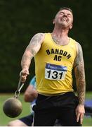 18 August 2018; Cosmos Deburca of Bandon A.C., Co Cork, M35, competing in the Weight for Distance event during the Irish Life Health National Track & Field Masters Championships at Tullamore Harriers Stadium in Offaly. Photo by Piaras Ó Mídheach/Sportsfile