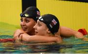 18 August 2018; Jessica Applegate, left, and Louise Fiddes of Great Britain after finishing first and third respectively in the final of the Women's 100m Butterfly S14 event during day six of the World Para Swimming Allianz European Championships at the Sport Ireland National Aquatic Centre in Blanchardstown, Dublin. Photo by David Fitzgerald/Sportsfile