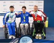 18 August 2018; Medallists in the Men's 100m Freestyle S5 event, from left, silver medallist Franceso Bocciardo, gold medallist Antonio Fantin, both of Italy and bronze medallist Stephan Fuhrer of Switzerland, during day six of the World Para Swimming Allianz European Championships at the Sport Ireland National Aquatic Centre in Blanchardstown, Dublin. Photo by David Fitzgerald/Sportsfile