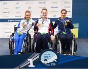 18 August 2018; Medallists in the Women's 100m Freestyle S5 event, from left, silver medallist Monica Boggioni of Italy, gold medallist Tully Kearney of Great Britain and bronze medallist Inbal Pezaro of Israel, during day six of the World Para Swimming Allianz European Championships at the Sport Ireland National Aquatic Centre in Blanchardstown, Dublin. Photo by David Fitzgerald/Sportsfile