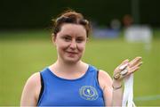 18 August 2018; Michelle O'Donnell of Olympian Youth A.C., Co Derry, W35, with her gold medal for the Javelin event and silver for the Discus event during the Irish Life Health National Track & Field Masters Championships at Tullamore Harriers Stadium in Offaly. Photo by Piaras Ó Mídheach/Sportsfile