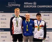 18 August 2018; Medallists in the Men's 400m Freestyle S9 event, from left, silver medallist Lewis White of Great Britain, gold medallist Frederico Morlacchi of Italy and bronze medallist Jacobo Garrido Brun of Spain, during day six of the World Para Swimming Allianz European Championships at the Sport Ireland National Aquatic Centre in Blanchardstown, Dublin. Photo by David Fitzgerald/Sportsfile