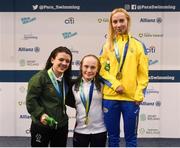 18 August 2018; Medallists in the Women's 50m Butterfly S6 event, from left, silver medallist Nicole Turner of Ireland, gold medallist Eleanor Robinson of Great Britain, and bronze medallist Oksana Khrul of Ukraine, during day six of the World Para Swimming Allianz European Championships at the Sport Ireland National Aquatic Centre in Blanchardstown, Dublin. Photo by David Fitzgerald/Sportsfile