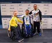 18 August 2018; Medallists in the Men's 200m Freestyle S3 event, from left, silver medallist Denys Ostapchenko of Ukraine, gold medallist Vincenzo Boni, and bronze medallist Miguel Angel Martinez Tajuelo of Spain, during day six of the World Para Swimming Allianz European Championships at the Sport Ireland National Aquatic Centre in Blanchardstown, Dublin. Photo by David Fitzgerald/Sportsfile