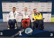 18 August 2018; Medallists in the Men's 100m Backstroke S2 event, from left, silver medallist Aristeidis Makrodimitris of Greece, gold medallist Jacek Czech of Poland, and bronze medallist Anton Kol of Ukraine, during day six of the World Para Swimming Allianz European Championships at the Sport Ireland National Aquatic Centre in Blanchardstown, Dublin. Photo by David Fitzgerald/Sportsfile