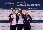 18 August 2018; Medallists in the Women's 100m Butterfly S14 event, from left, silver medallist Bethany Firth, gold medallist Jessica Applegate, and bronze medallist Louise Fiddes, all of Great Britain, during day six of the World Para Swimming Allianz European Championships at the Sport Ireland National Aquatic Centre in Blanchardstown, Dublin. Photo by David Fitzgerald/Sportsfile