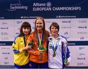 18 August 2018; Medallists in the Women's 100m Freestyle S11 event, from left, silver medallist Maryna Piddubna of Ukraine, gold medallist Liesette Bruinsma of the Netherlands, and bronze medallist Cecilia Camellini of Italy, during day six of the World Para Swimming Allianz European Championships at the Sport Ireland National Aquatic Centre in Blanchardstown, Dublin. Photo by David Fitzgerald/Sportsfile