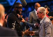 18 August 2018; WBC Heavyweight champion Deontay Wilder, left, in conversation with former footballer Paul Gascoigne at Windsor Park in Belfast. Photo by Ramsey Cardy/Sportsfile