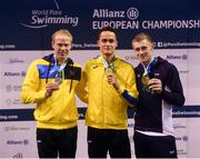18 August 2018; Medallists in the Men's 100m Freestyle S12 event, from left, silver medallist Maksym Veraska, gold medallist Iaroslav Denysenko, both of Ukraine, and bronze medallist Stephen Clegge of Great Britain, during day six of the World Para Swimming Allianz European Championships at the Sport Ireland National Aquatic Centre in Blanchardstown, Dublin. Photo by David Fitzgerald/Sportsfile