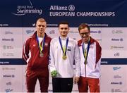 18 August 2018; Medallists in the Men's 100m Butterfly S8 event, from left, silver medallist Michal Golus Poland, gold medallist Dimosthenis Michalentzakis of Greece, and bronze medallist Andreas Onea of Austria, during day six of the World Para Swimming Allianz European Championships at the Sport Ireland National Aquatic Centre in Blanchardstown, Dublin. Photo by David Fitzgerald/Sportsfile