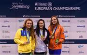 18 August 2018; Medallists in the Women's 100m Butterfly S8 event, from left, silver medallist Kateryna Denysenko of Ukraine, gold medallist Alice Tai of Great Britain, and bronze medallist Cleo Keijzer of the Netherlands, during day six of the World Para Swimming Allianz European Championships at the Sport Ireland National Aquatic Centre in Blanchardstown, Dublin. Photo by David Fitzgerald/Sportsfile