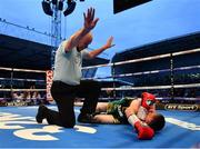 18 August 2018; Paddy Barnes is counted out by the Referee during his WBO World Flyweight Title bout against Cristofer Rosales at Windsor Park in Belfast. Photo by Ramsey Cardy/Sportsfile