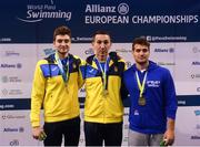 18 August 2018; Medallists in the Men's 200m Individual Medley SM10 event, from left, silver medallist Maksym Krypak of Ukraine, gold medallist Denys Dubrov of Ukraine, and bronze medallist Riccardo Menciotti of Italy, during day six of the World Para Swimming Allianz European Championships at the Sport Ireland National Aquatic Centre in Blanchardstown, Dublin. Photo by David Fitzgerald/Sportsfile