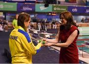 18 August 2018; Anna Stetsenko of Ukraine is presented with her silver medal for the Women's 100m Freestyle S13 by Miriam Malone, chairperson of Dublin2018 Local Organising Conmittee, during day six of the World Para Swimming Allianz European Championships at the Sport Ireland National Aquatic Centre in Blanchardstown, Dublin. Photo by David Fitzgerald/Sportsfile