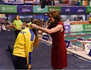 18 August 2018; Anna Stetsenko of Ukraine is presented with her silver medal for the Women's 100m Freestyle S13 by Miriam Malone, chairperson of Dublin2018 Local Organising Conmittee, during day six of the World Para Swimming Allianz European Championships at the Sport Ireland National Aquatic Centre in Blanchardstown, Dublin. Photo by David Fitzgerald/Sportsfile