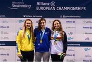18 August 2018; Medallists in the Women's 100m Freestyle S13 event, from left, silver medallist Anna Stetsenko of Ukraine, gold medallist Carlotta Gilli of Italy, and bronze medallist Ariadna Edo Beltran of Spain, during day six of the World Para Swimming Allianz European Championships at the Sport Ireland National Aquatic Centre in Blanchardstown, Dublin. Photo by David Fitzgerald/Sportsfile