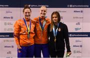 18 August 2018; Medallists in the Women's 200m Individual Medley SM10 event, from left, silver medallist Chantalle Zijderveld, gold medallist Lisa Kruger, both of the Netherlands, and bronze medallist Bianka Pap of Hungary, during day six of the World Para Swimming Allianz European Championships at the Sport Ireland National Aquatic Centre in Blanchardstown, Dublin. Photo by David Fitzgerald/Sportsfile