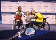 18 August 2018; Medallists in the Women's 100m Freestyle S7 event, from left, silver medallist Nora Meister of Switzerland, gold medallist Denise Grahl of Germany, and bronze medallist Anna Hontar of Ukraine, during day six of the World Para Swimming Allianz European Championships at the Sport Ireland National Aquatic Centre in Blanchardstown, Dublin. Photo by David Fitzgerald/Sportsfile