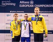 18 August 2018; Medallists in the Men's 100m Freestyle S7 event, from left, silver medallist Ievgenii Bogodaiko of Ukraine, gold medallist Federico Bicelli of Italy, and bronze medallist Andrii Trusov of Ukraine, during day six of the World Para Swimming Allianz European Championships at the Sport Ireland National Aquatic Centre in Blanchardstown, Dublin. Photo by David Fitzgerald/Sportsfile