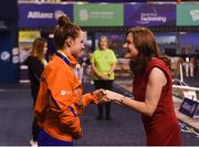 18 August 2018; Chantalle Zijderveld of the Netherlands is presented with her silver medal for the Women's 200m Individual Medley SM10 by Miriam Malone, chairperson of Dublin2018 Local Organising Conmittee, during day six of the World Para Swimming Allianz European Championships at the Sport Ireland National Aquatic Centre in Blanchardstown, Dublin. Photo by David Fitzgerald/Sportsfile