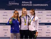 18 August 2018; Medallists in the Women's 100m Freestyle S12 event, from left, silver medallist Alessia Berra of Italy, gold medallist Hannah Russell of Great Britain, and bronze medallist Elena Krawzow of Germany, during day six of the World Para Swimming Allianz European Championships at the Sport Ireland National Aquatic Centre in Blanchardstown, Dublin. Photo by David Fitzgerald/Sportsfile