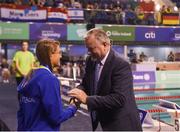 18 August 2018; Alessia Berra of ITaly is presented with her silver medal by Damien O'Neill, Head of Marketing Operations, Allianz, after the Women's 100m Freestyle S12 event during day six of the World Para Swimming Allianz European Championships at the Sport Ireland National Aquatic Centre in Blanchardstown, Dublin. Photo by David Fitzgerald/Sportsfile