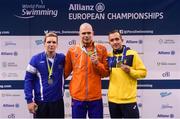 18 August 2018; Medallists in the Men's 100m Butterfly S14 event, from left, silver medallist Robert Isak Jonsson of Iceland, gold medallist Marc Evers of the Netherlands, and bronze medallist Vasyl Krainyk of Ukraine, during day six of the World Para Swimming Allianz European Championships at the Sport Ireland National Aquatic Centre in Blanchardstown, Dublin. Photo by David Fitzgerald/Sportsfile