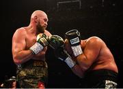18 August 2018; Tyson Fury, left, in action against Francesco Pianeta during their heavyweight bout at Windsor Park in Belfast. Photo by Ramsey Cardy/Sportsfile