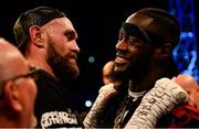 18 August 2018; Tyson Fury, left, and WBC Heavyweight champion Deontay Wilder after Tyson Fury defeated Francesco Pianeta at Windsor Park in Belfast. Photo by Ramsey Cardy/Sportsfile