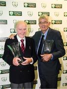 17 August 2018; James Magee, left, and Willie McGuirk with their John Sherlock Services to Football Awards at the FAI Delegates Dinner & FAI Communications Awards at the Rochestown Park Hotel in Cork. Photo by Stephen McCarthy/Sportsfile