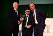 17 August 2018; Philip Doyle of the FAI is presented with his John Sherlock Services to Football Award by John Delaney, CEO, Football Association of Ireland, and FAI President Tony Fitzgerald at the FAI Delegates Dinner & FAI Communications Awards at the Rochestown Park Hotel in Cork. Photo by Stephen McCarthy/Sportsfile