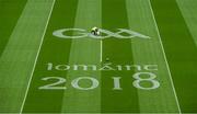 19 August 2018; Ms Jeud Ennis paints the GAA logo on the pitch in advance of the GAA Hurling All-Ireland Senior Championship Final match between Galway and Limerick at Croke Park in Dublin.  Photo by Ray McManus/Sportsfile