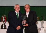 17 August 2018; Martin Loughran of Crumlin United, Dublin, receives his John Sherlock Services to Football Award from FAI President Tony Fitzgerald at the FAI Delegates Dinner & FAI Communications Awards at the Rochestown Park Hotel in Cork. Photo by Stephen McCarthy/Sportsfile