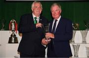 17 August 2018; Albert Johnston of Templeogue United, Dublin, receives his John Sherlock Services to Football Award from FAI President Tony Fitzgerald at the FAI Delegates Dinner & FAI Communications Awards at the Rochestown Park Hotel in Cork. Photo by Stephen McCarthy/Sportsfile