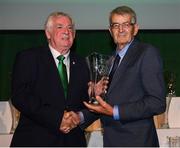 17 August 2018; Willie McGuirk of Donnycarney FC, Dublin, receives his John Sherlock Services to Football Award from FAI President Tony Fitzgerald at the FAI Delegates Dinner & FAI Communications Awards at the Rochestown Park Hotel in Cork. Photo by Stephen McCarthy/Sportsfile