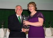17 August 2018; Anne Maher of Enfield Celtic FC, Meath, receives her John Sherlock Services to Football Award from FAI President Tony Fitzgerald at the FAI Delegates Dinner & FAI Communications Awards at the Rochestown Park Hotel in Cork. Photo by Stephen McCarthy/Sportsfile