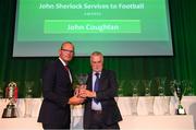 17 August 2018; John Coughlan of Springfield Ramblers AFC, Cork, receives his John Sherlock Services to Football Award from An Tánaiste Simon Coveney TD at the FAI Delegates Dinner & FAI Communications Awards at the Rochestown Park Hotel in Cork. Photo by Stephen McCarthy/Sportsfile