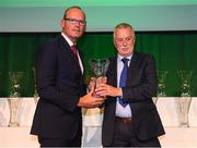 17 August 2018; John Coughlan of Springfield Ramblers AFC, Cork, receives his John Sherlock Services to Football Award from An Tánaiste Simon Coveney TD at the FAI Delegates Dinner & FAI Communications Awards at the Rochestown Park Hotel in Cork. Photo by Stephen McCarthy/Sportsfile