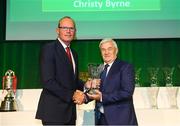 17 August 2018; Christy Byrne of Castleview AFC, Cork, receives his John Sherlock Services to Football Award from An Tánaiste Simon Coveney TD at the FAI Delegates Dinner & FAI Communications Awards at the Rochestown Park Hotel in Cork. Photo by Stephen McCarthy/Sportsfile